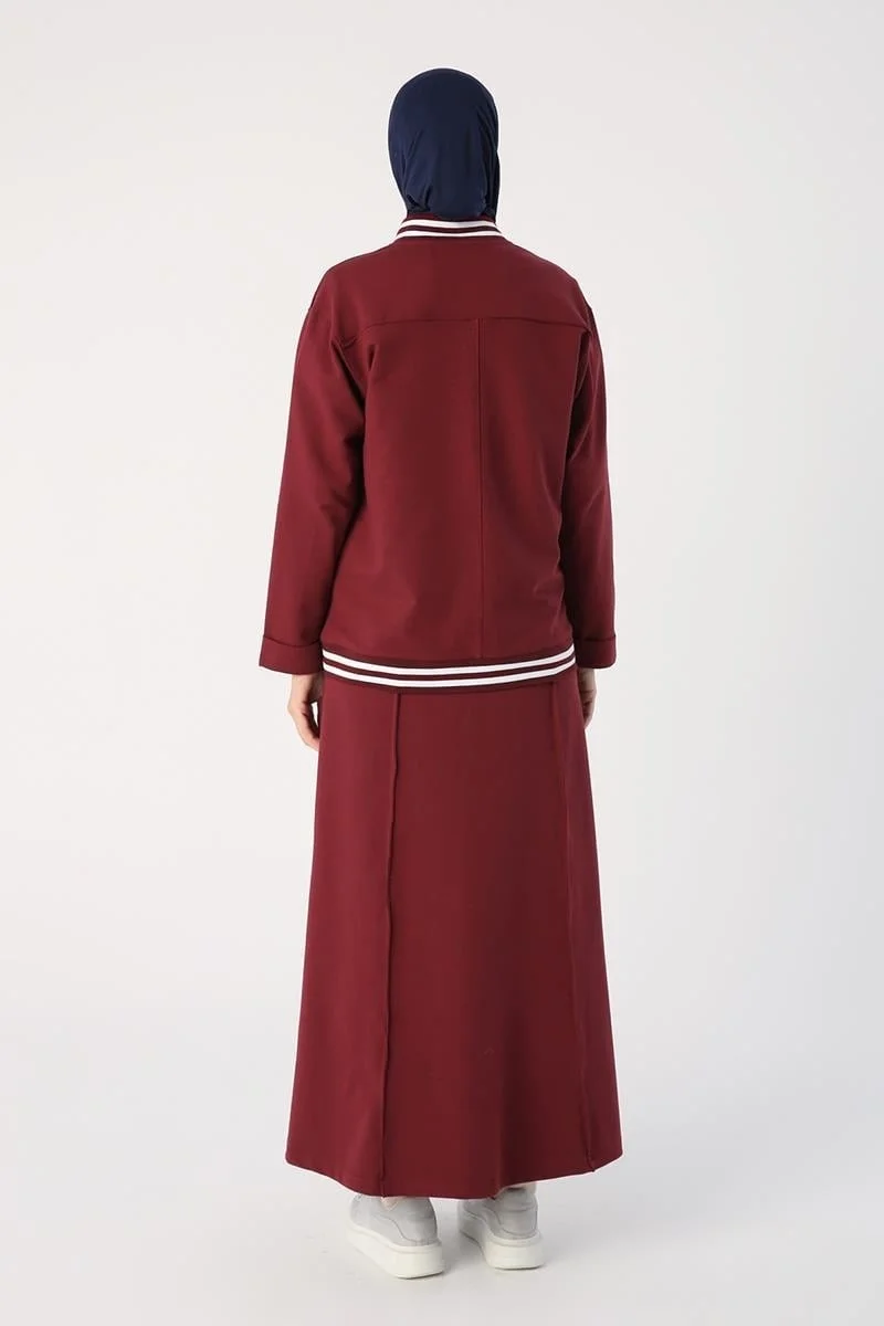 Allday Burgundy-Striped Ribbon Skirt Short Cardigan Set