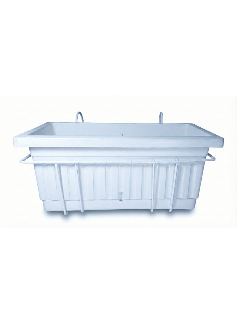 White Rectangular Planter Box 60 x 20 cm With Metal Hanging Holder, Plastic Balcony Plant Pot For Flowers, Herbs, Decorative Plants And Home Gardening - Image 1