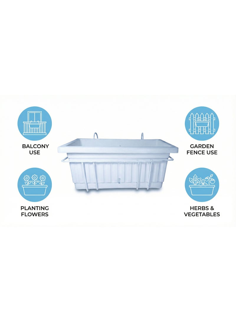 White Rectangular Planter Box 60 x 20 cm With Metal Hanging Holder, Plastic Balcony Plant Pot For Flowers, Herbs, Decorative Plants And Home Gardening - Image 3