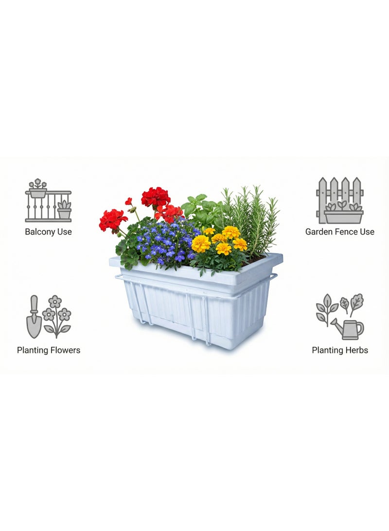 White Rectangular Planter Box 60 x 20 cm With Metal Hanging Holder, Plastic Balcony Plant Pot For Flowers, Herbs, Decorative Plants And Home Gardening - Image 4