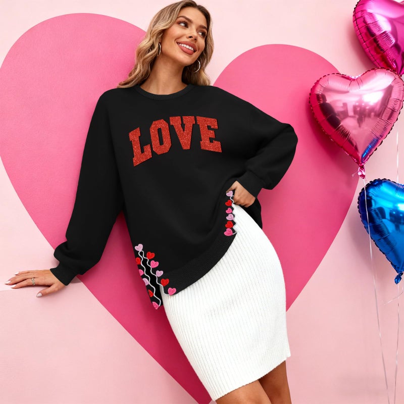 PECHAR Valentine Sweatshirts Women Love Valentines Shirts Embroidered Crewneck Long Sleeve Tops With Side Heart Applique - Image 2