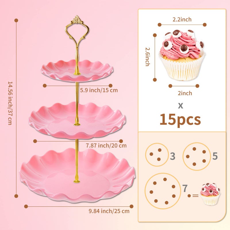 BACUTHY 3 Tier Cupcake Stand Holder, BACUTHY Plastic Cup Cake Stand Tower with Tiered Serving Tray for Cupcakes, Donuts, Fruits and More, Pink - Image 3