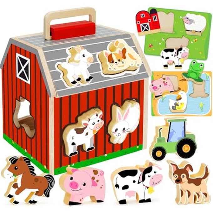 WOODEN FARM PLAYSET: BARN TOY WITH FLIP-UP ROOF, SHAPE SORTER, MONTESSORI LEARNING TOY FOR TODDLERS AND KIDS AGES 1-3 - Image 2