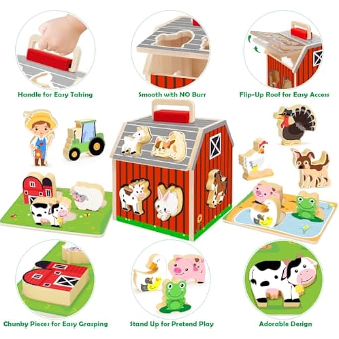 WOODEN FARM PLAYSET: BARN TOY WITH FLIP-UP ROOF, SHAPE SORTER, MONTESSORI LEARNING TOY FOR TODDLERS AND KIDS AGES 1-3 - Image 4