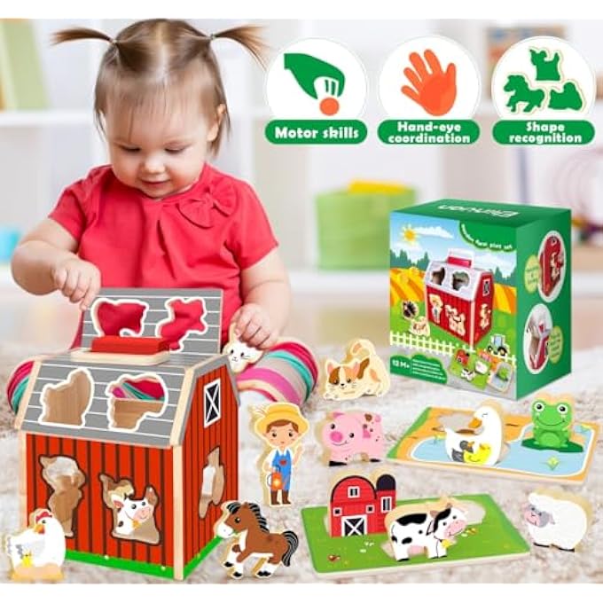 WOODEN FARM PLAYSET: BARN TOY WITH FLIP-UP ROOF, SHAPE SORTER, MONTESSORI LEARNING TOY FOR TODDLERS AND KIDS AGES 1-3 - Image 3