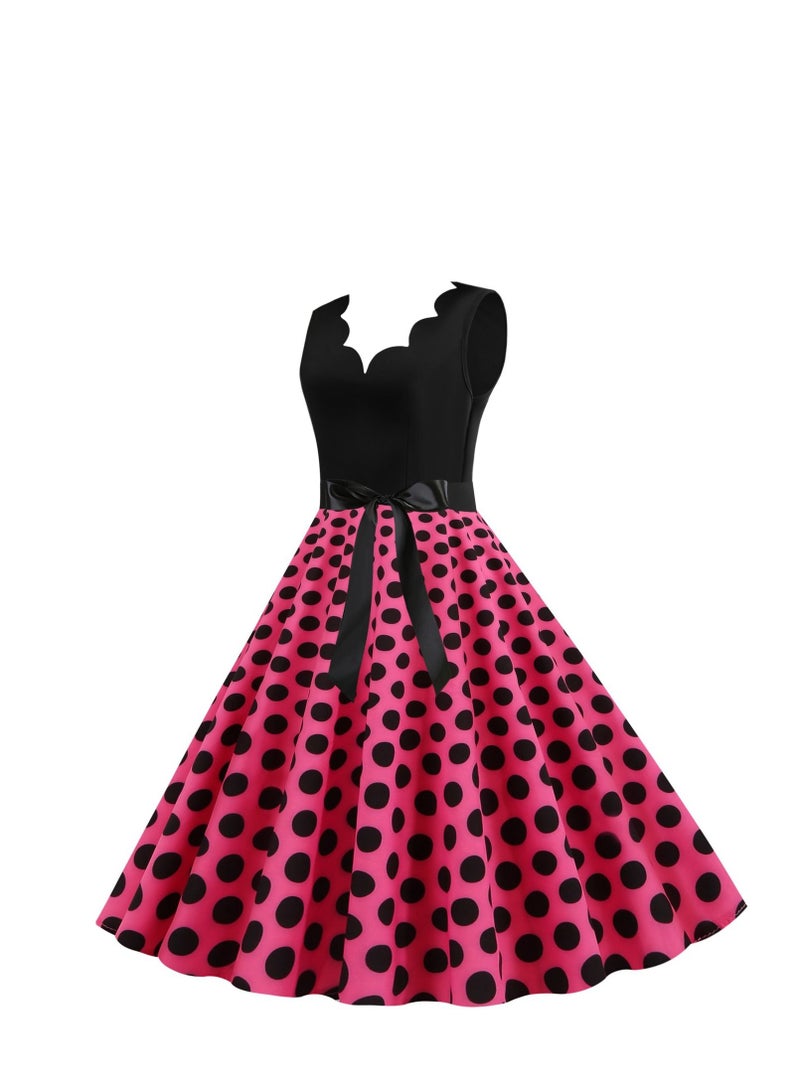 Loquat V-neck Sleeveless Polka Dot Lace Up Waist Retro Large Swing Dress Rose Red/Black  - Image 2