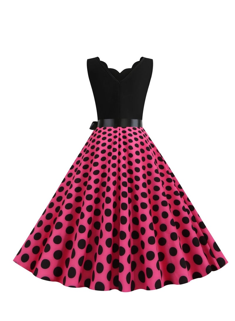 Loquat V-neck Sleeveless Polka Dot Lace Up Waist Retro Large Swing Dress Rose Red/Black  - Image 3