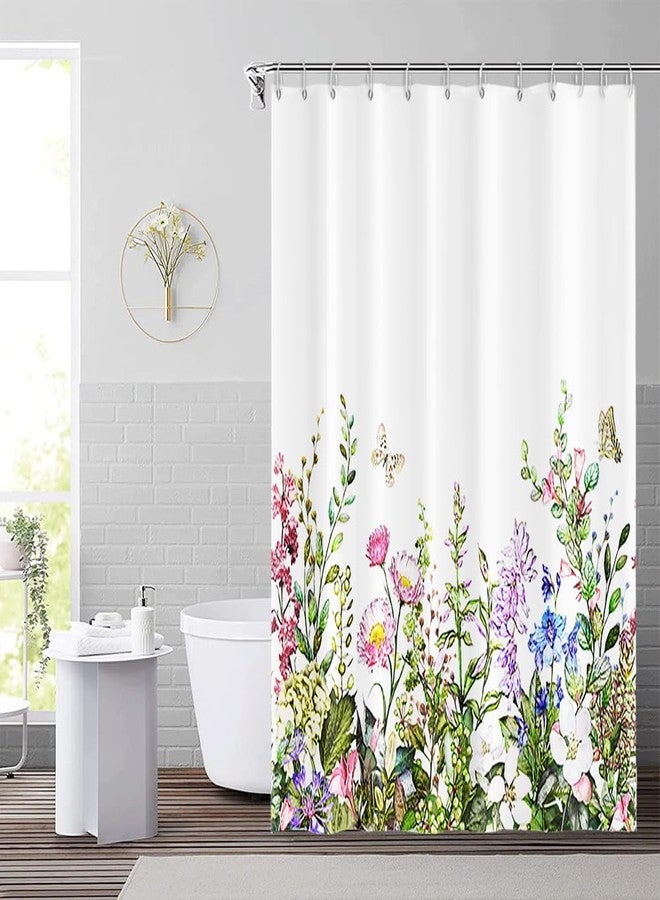 DORCEV 48x72inch Fabric Polyester Floral Shower Curtain Garden Field Colorful Wild Botanical Plants Butterflies Decorative Bath Curtain for Woman Girly Bathroom Bathtub Liner Waterproof with Hooks - Image 1