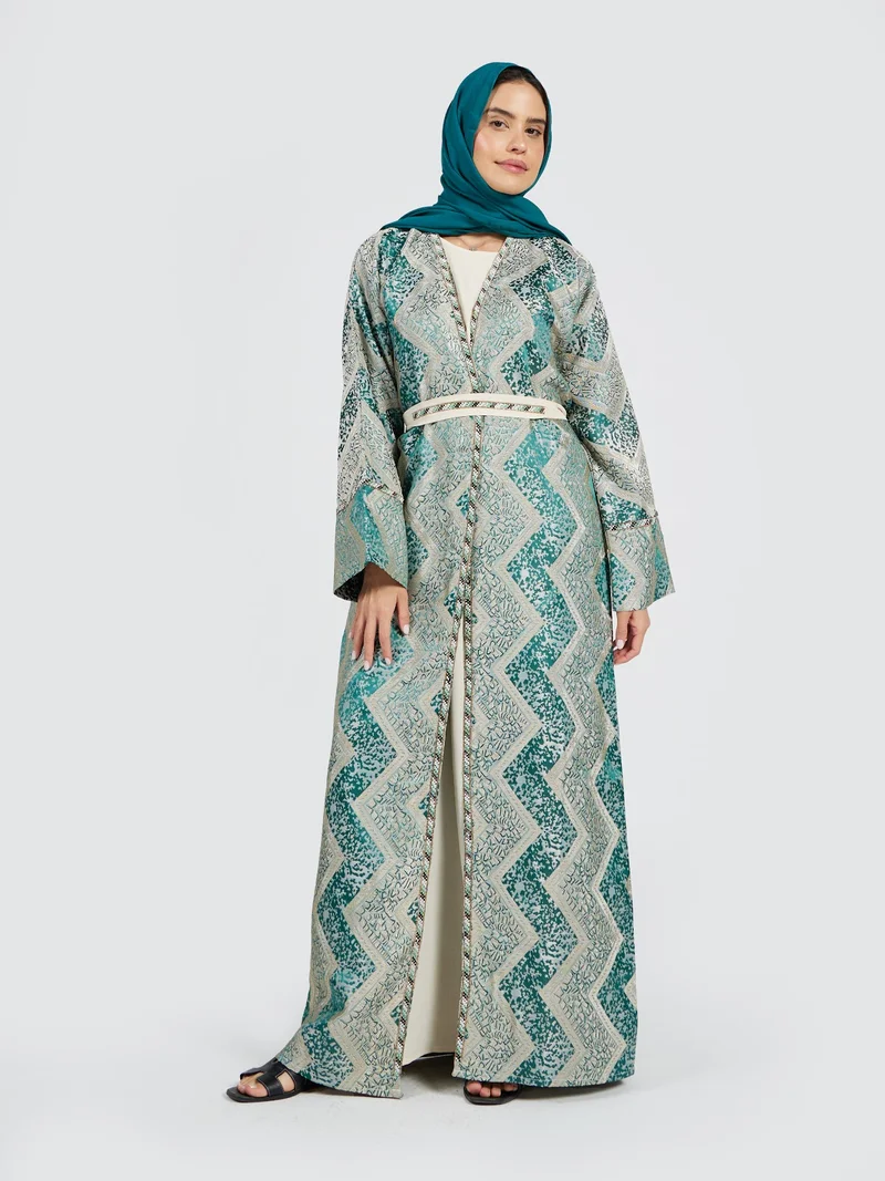 عباءات ريم Elegant Geometric Jacquard Open Front Abaya with Belt