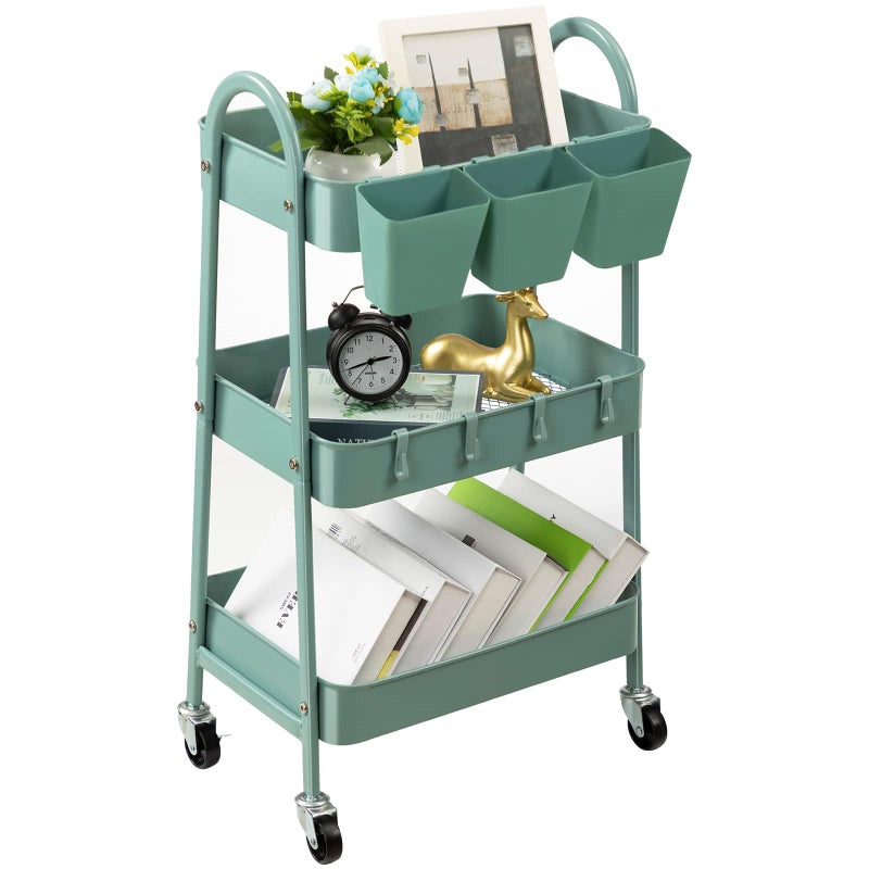 danpinera 3Tier Rolling Cart Utility Cart Mobile Metal Rolling Storage Cart with Lockable Wheels Hanging Cups Hooks for Kitchen Bathroom Office Workshop Green