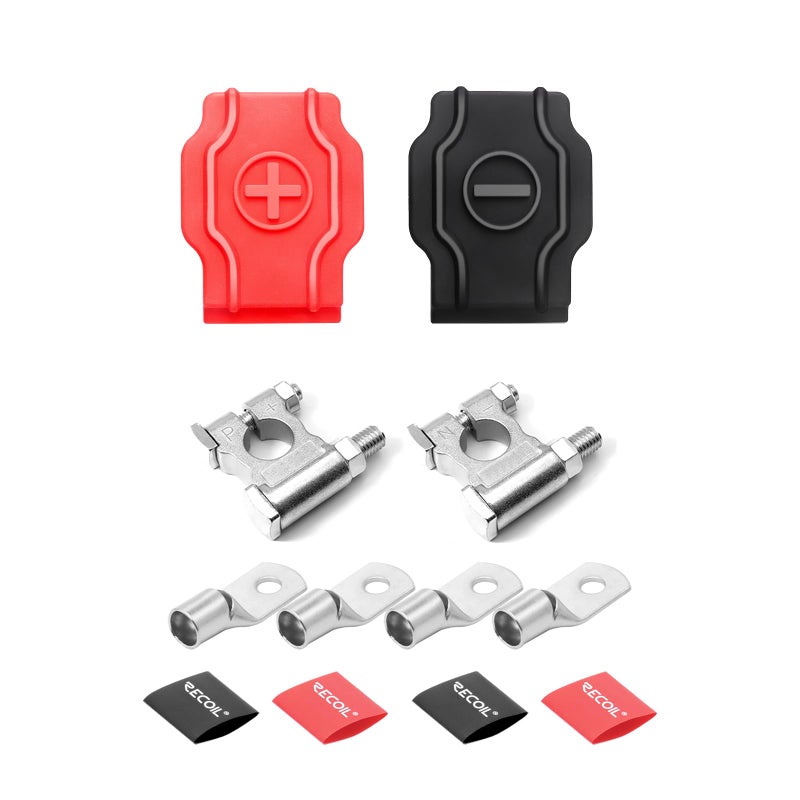 Recoil ZBT Military Spec Battery Terminal Top Post Set for Car Truck Boats RV Vessels One Pair with Durable Silicone Cover Positive  Negative Four Copper Lugs and Heatshrink Tubing