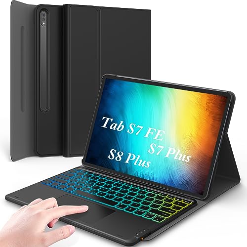 Greenlaw Samsung Galaxy Tab S7 Fe (5G) Case With Keyboard, Tab S8 Plus S7 Plus, Diy 7 Color Backlit, Smart Touchpad, Detachable Magnetic Keyboard Case With S Pen Holder, Black - Bluetooth - Image 1