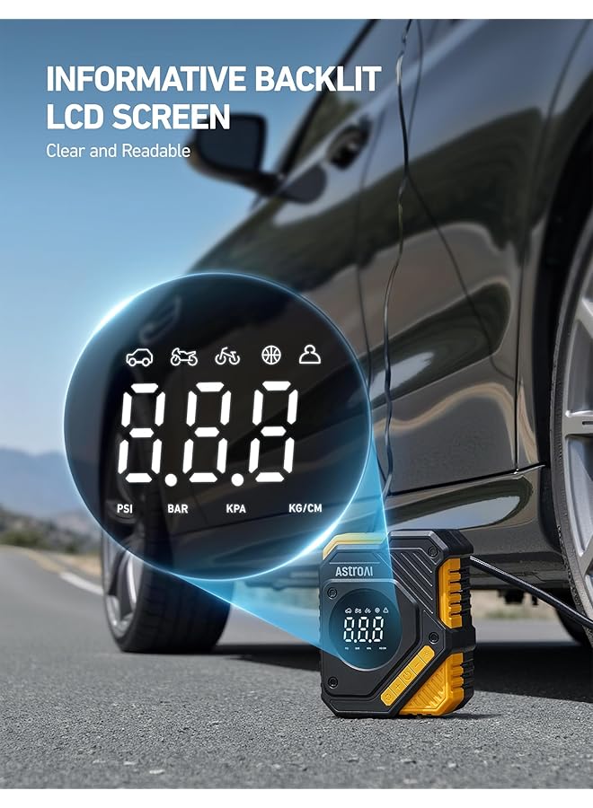 Astroai Car Tire Inflator Air Compressor 12V Dc, 150 Psi Digital Tire Pump With Pressure Gauge, Large Lcd Display, Smart Preset & Auto Stop, For Car, Motorcycle, Bike Tires - Image 2