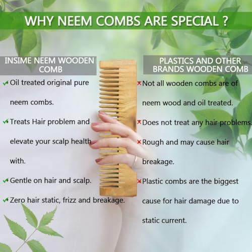 INSIME Neem Wooden Comb set | Hair comb set combo for Women & Men hair styling | Premium Kachi Neem wood Comb Kangi hair comb set for women | women hair growth comb set (Set of 5) - Image 5