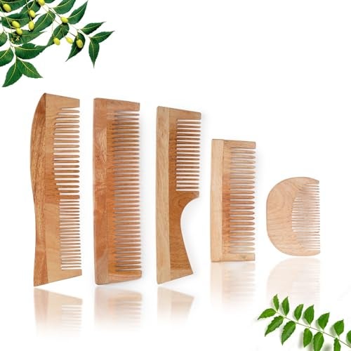 INSIME Neem Wooden Comb set | Hair comb set combo for Women & Men hair styling | Premium Kachi Neem wood Comb Kangi hair comb set for women | women hair growth comb set (Set of 5) - Image 1