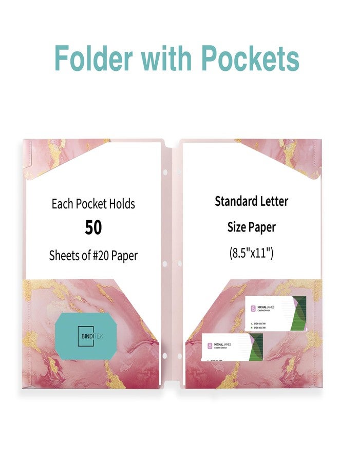 Binditek 6 Pack Heavy Duty Plastic Folders with Pockets, Waterproof 2-Pocket File Folders with Card Slots for 3-Ring Binders, 6 Decorative Marble Color Designs, 3-Hole Pocket Folders for Letter Size - Image 4