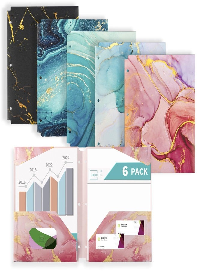 Binditek 6 Pack Heavy Duty Plastic Folders with Pockets, Waterproof 2-Pocket File Folders with Card Slots for 3-Ring Binders, 6 Decorative Marble Color Designs, 3-Hole Pocket Folders for Letter Size - Image 1