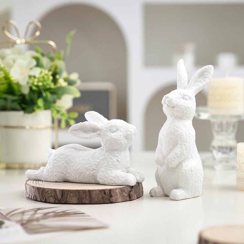 AOMOONOA Easter Bunny Figurines Set of 2, White Rabbit Decor with Rustic Stone Texture, Resin Bunny Statue for Spring Home, Table, Mantel, Farmhouse Decorations - Image 3