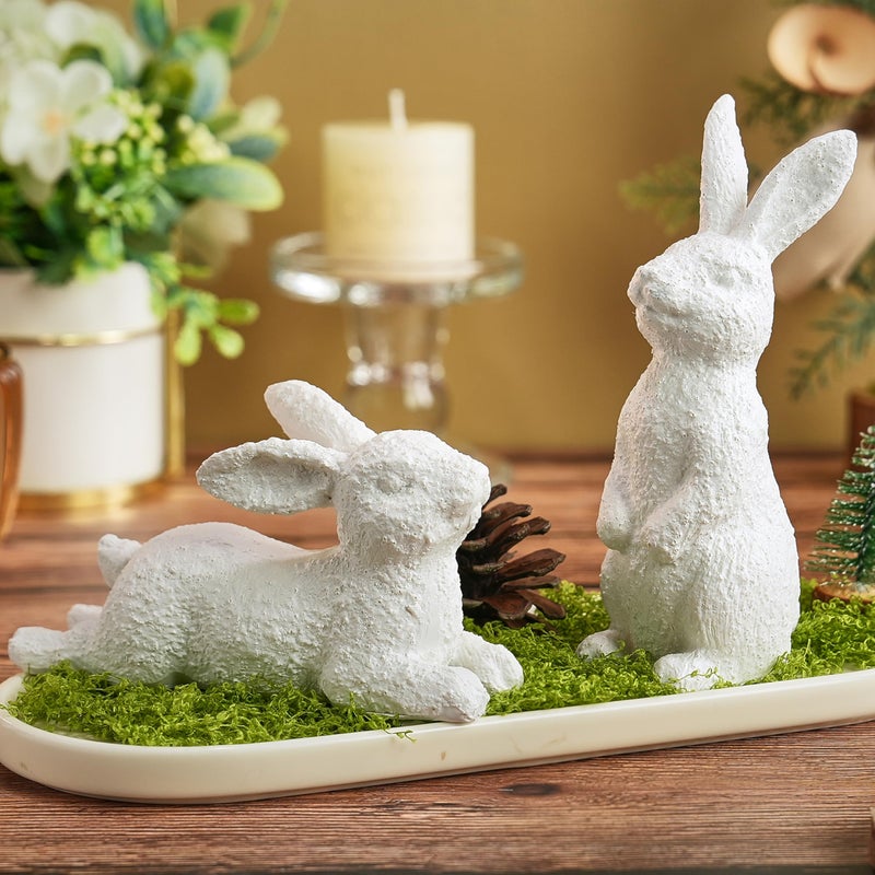 AOMOONOA Easter Bunny Figurines Set of 2, White Rabbit Decor with Rustic Stone Texture, Resin Bunny Statue for Spring Home, Table, Mantel, Farmhouse Decorations - Image 1