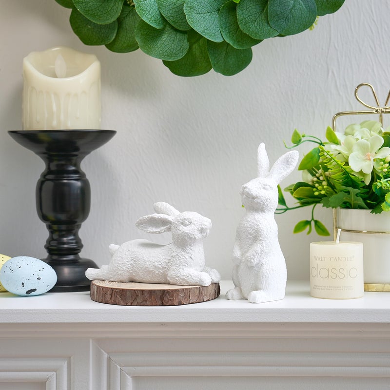 AOMOONOA Easter Bunny Figurines Set of 2, White Rabbit Decor with Rustic Stone Texture, Resin Bunny Statue for Spring Home, Table, Mantel, Farmhouse Decorations - Image 4