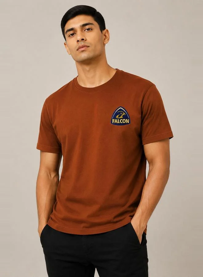 تايك تو Brown Crew Neck T-Shirt with Logo Patch By Falcon