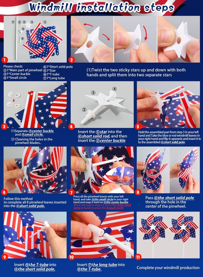 Japior 8.5 Inch Patriotic Pinwheels 24Pcs 4th of July Pinwheels American Flag Red White and Blue Pinwheels Bulk for Kids 4th of July Decorations Independence Day Garden Windmill Party Favors for Yard Outside - Image 3