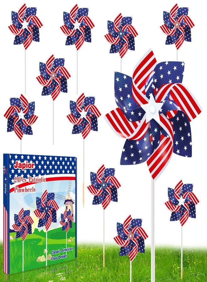 Japior 8.5 Inch Patriotic Pinwheels 24Pcs 4th of July Pinwheels American Flag Red White and Blue Pinwheels Bulk for Kids 4th of July Decorations Independence Day Garden Windmill Party Favors for Yard Outside - Image 1