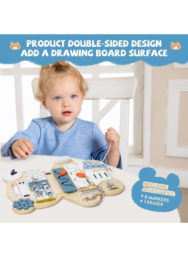 Factory Price 14-in-1 Bear-Shaped Wooden Busy Board with Double-Sided Drawing Panel - Image 5