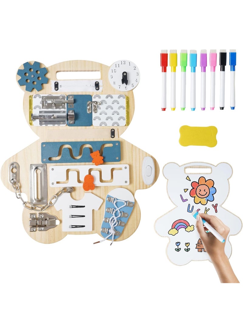 Factory Price 14-in-1 Bear-Shaped Wooden Busy Board with Double-Sided Drawing Panel - Image 1