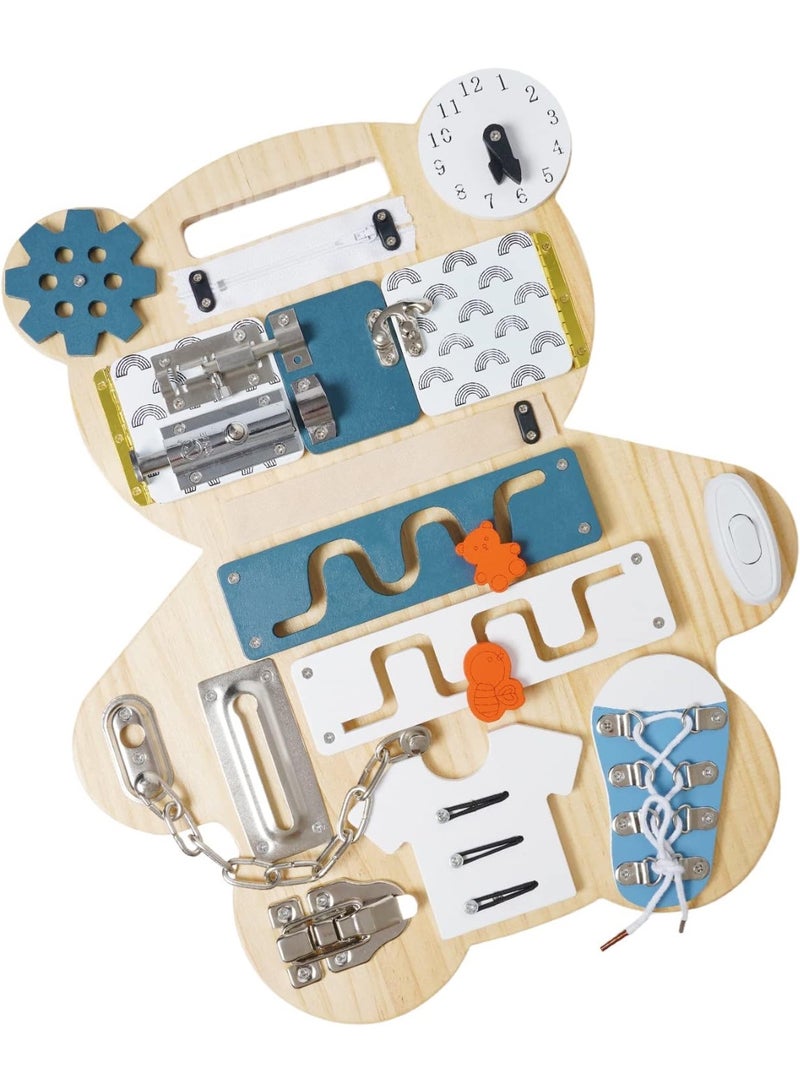 Factory Price 14-in-1 Bear-Shaped Wooden Busy Board with Double-Sided Drawing Panel - Image 2