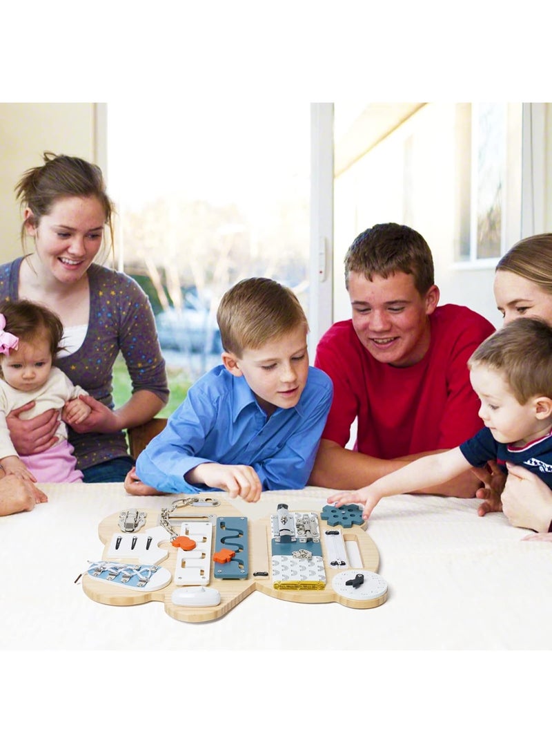Factory Price 14-in-1 Bear-Shaped Wooden Busy Board with Double-Sided Drawing Panel - Image 4