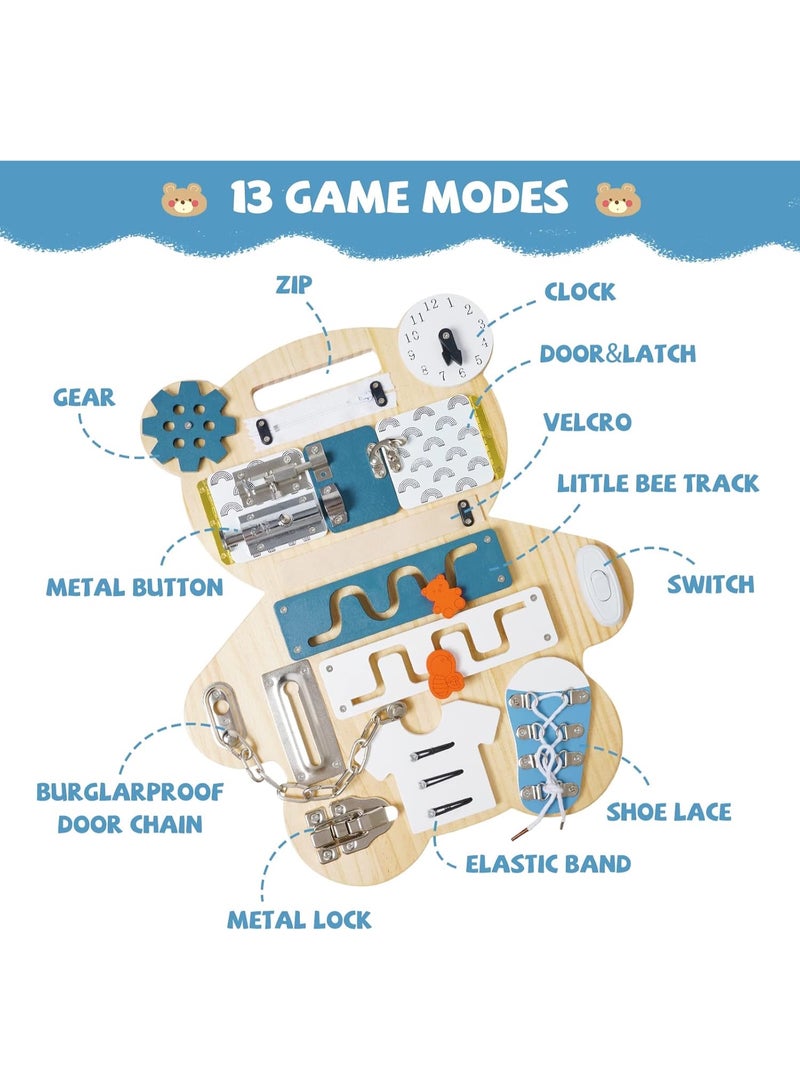 Factory Price 14-in-1 Bear-Shaped Wooden Busy Board with Double-Sided Drawing Panel - Image 3
