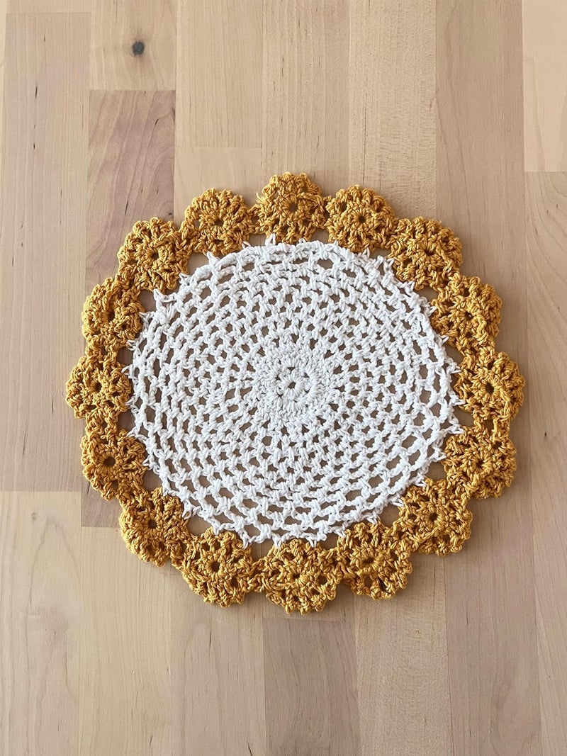 Fennco Styles Fennco Styles Handmade TwoTone Floral Crochet Tray Doily 9 Round 1Piece  Mustard Yellow Cloth Placemat for Everyday Use Holidays Home Dcor Cocktail Party Tea Party Special Occasion  - Image 1