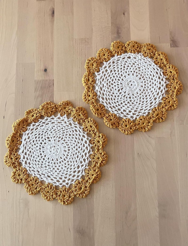 Fennco Styles Fennco Styles Handmade TwoTone Floral Crochet Tray Doily 9 Round 1Piece  Mustard Yellow Cloth Placemat for Everyday Use Holidays Home Dcor Cocktail Party Tea Party Special Occasion  - Image 2