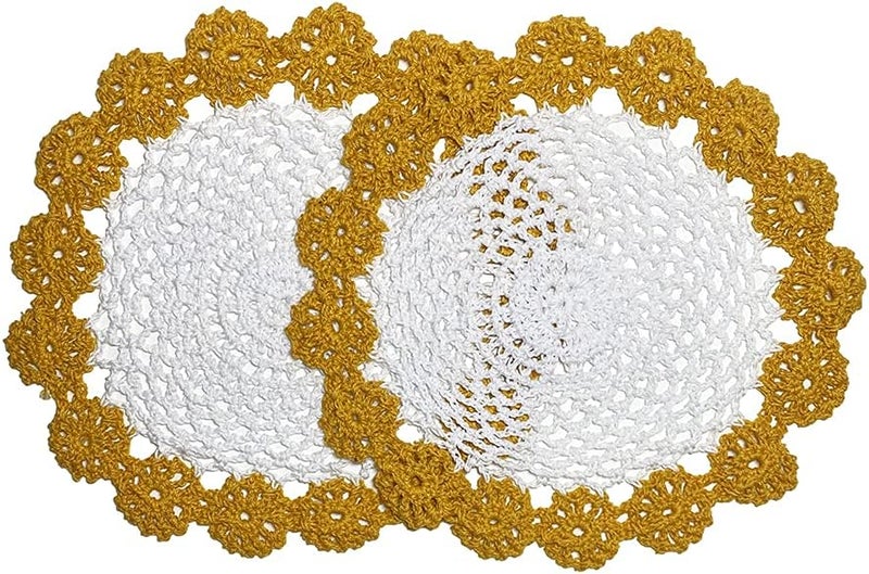 Fennco Styles Fennco Styles Handmade TwoTone Floral Crochet Tray Doily 9 Round 1Piece  Mustard Yellow Cloth Placemat for Everyday Use Holidays Home Dcor Cocktail Party Tea Party Special Occasion  - Image 3