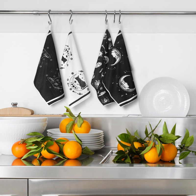 Bencailor 6 Pcs Halloween Skull Kitchen Towels Turquoise Navy Dish Towels Blue Gold Marble Tea Towels Gothic Skeleton Chef Hand Towel for Home Decor Gift  24 x 16''(Black  White Moon Cat Star) - Image 5