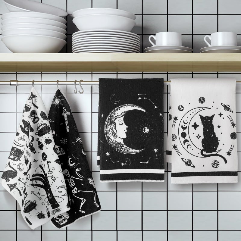 Bencailor 6 Pcs Halloween Skull Kitchen Towels Turquoise Navy Dish Towels Blue Gold Marble Tea Towels Gothic Skeleton Chef Hand Towel for Home Decor Gift  24 x 16''(Black  White Moon Cat Star) - Image 4