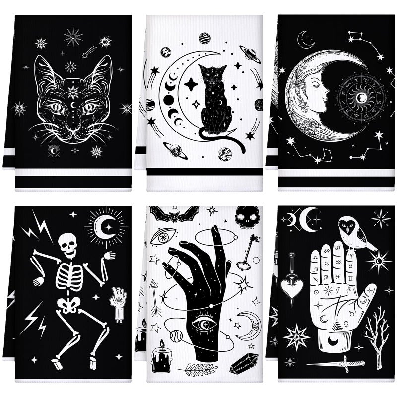 Bencailor 6 Pcs Halloween Skull Kitchen Towels Turquoise Navy Dish Towels Blue Gold Marble Tea Towels Gothic Skeleton Chef Hand Towel for Home Decor Gift  24 x 16''(Black  White Moon Cat Star) - Image 1