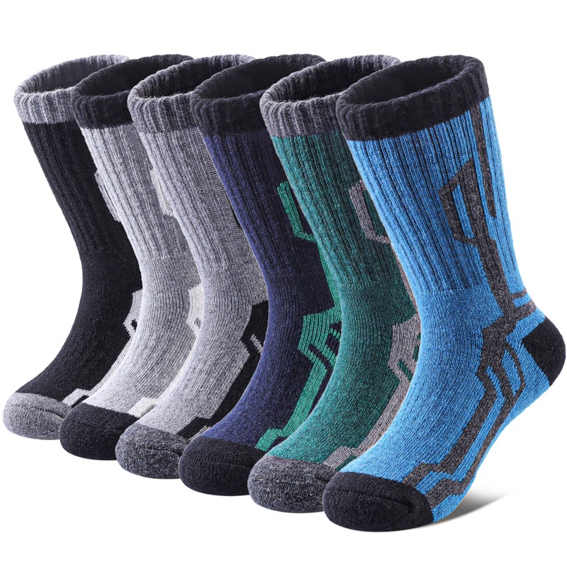 SDBING Kids Merino Wool Hiking Socks Boys Girls Toddlers Thick Cushion Winter Warm Crew Gift Socks 6 Pairs (8-12 Years, Multicolor-2) - Image 1