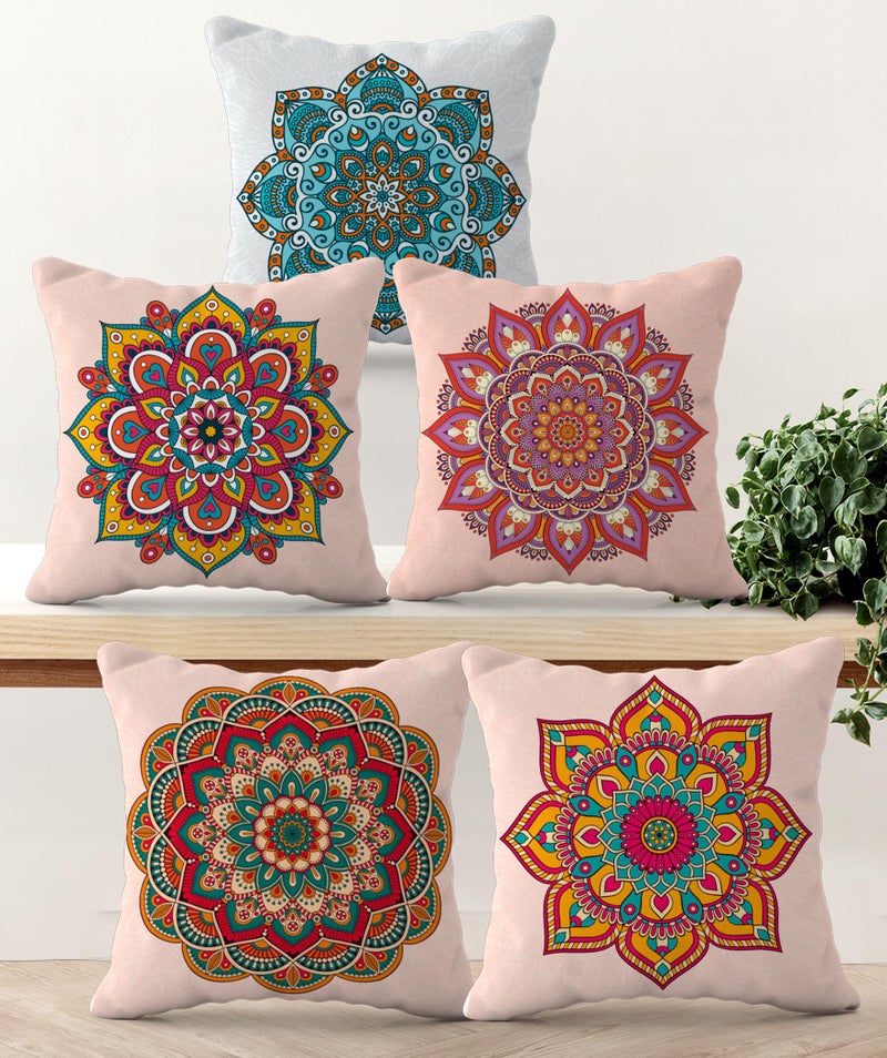 HOOPY Canvas Set of 5 Designer Decorative Throw Pillow/Cushion Covers (16 Inch X 16 Inch, Mandala Print), 100 TC,Multicolor - Image 1