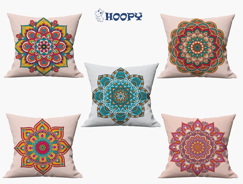 HOOPY Canvas Set of 5 Designer Decorative Throw Pillow/Cushion Covers (16 Inch X 16 Inch, Mandala Print), 100 TC,Multicolor - Image 4