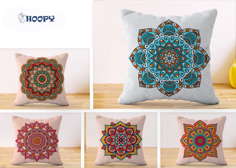 HOOPY Canvas Set of 5 Designer Decorative Throw Pillow/Cushion Covers (16 Inch X 16 Inch, Mandala Print), 100 TC,Multicolor - Image 2