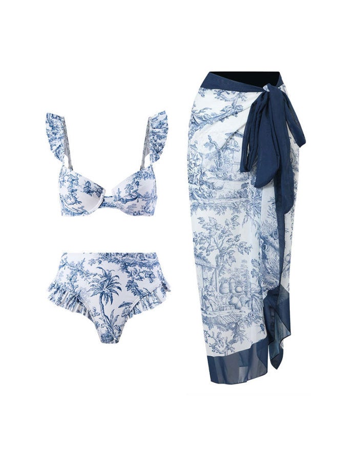 Loquat 【Bohemian Holiday Style Three-piece Swimsuit For Women】 Multi-color Printed Beach Hot Spring Gauze Skirt European And American -Color:blue Suit- - Image 1