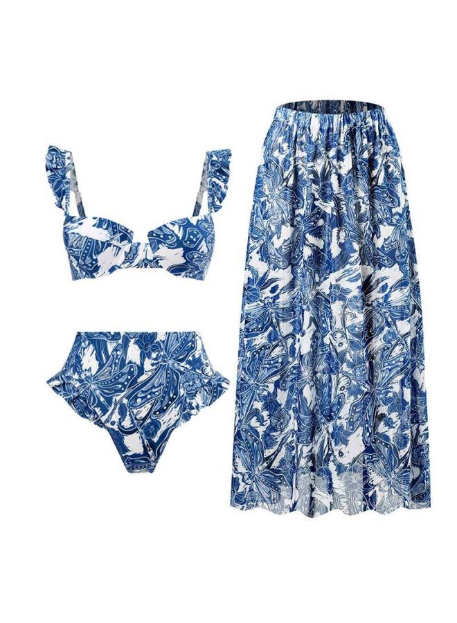 Loquat 【Bohemian Holiday Style Three-piece Swimsuit For Women】 Multi-color Printed Beach Hot Spring Gauze Skirt European And American -Color:blue Suit- - Image 3