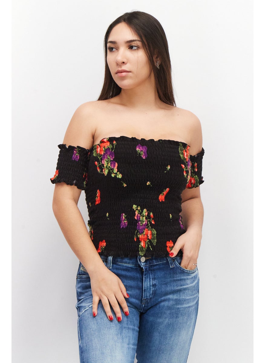 Juicy Couture Women Straight Across Short Sleeve Textured Top, Black Combo  - Image 1
