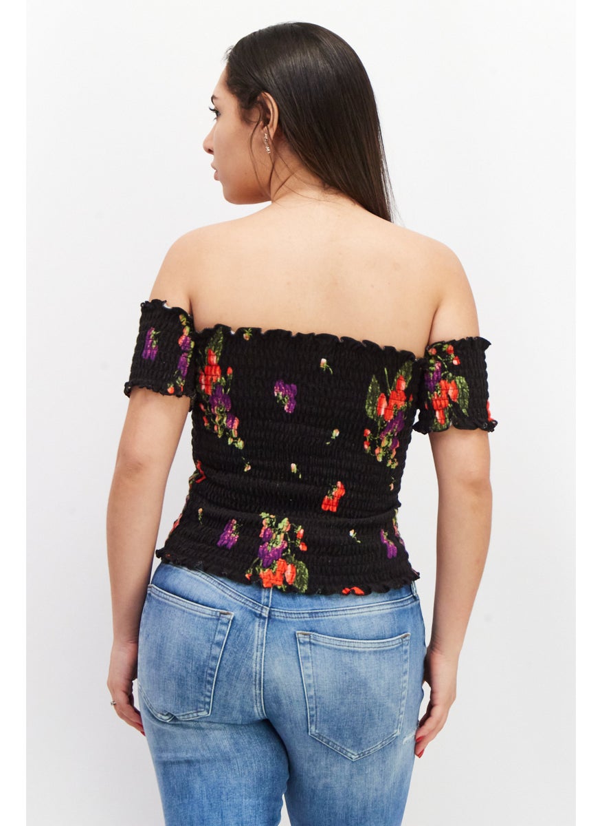 Juicy Couture Women Straight Across Short Sleeve Textured Top, Black Combo  - Image 3