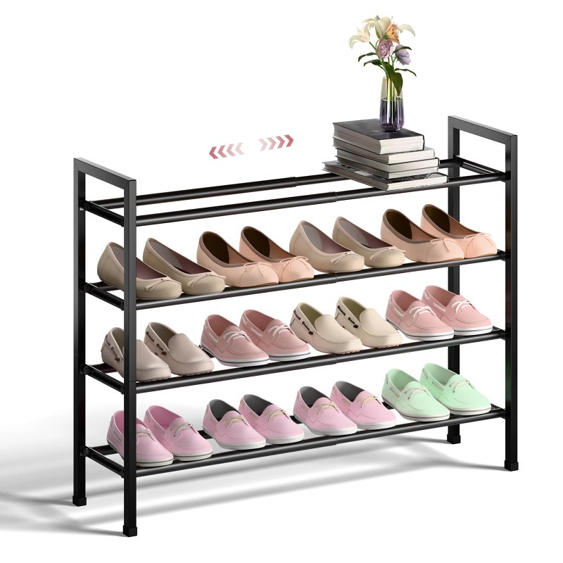 Bumusty 4-Tier Expandable Shoe Rack for Closet, 18â€œ-33â€ Adjustable Shoe Rack for Small Space, Small Shoe Organizer for Front Door, Sturdy Metal, Black - Image 1