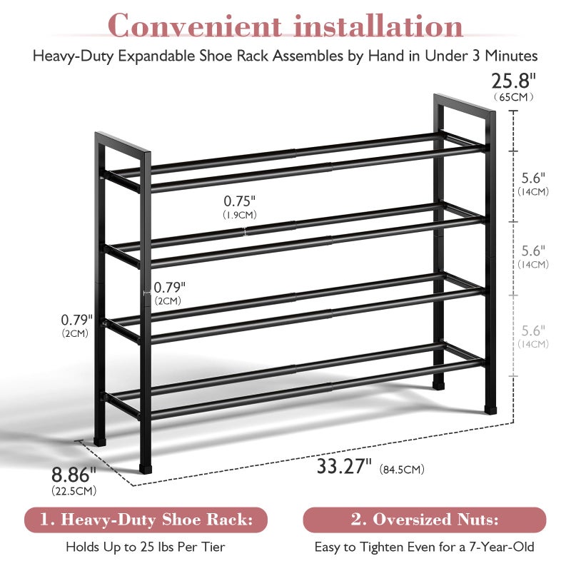 Bumusty 4-Tier Expandable Shoe Rack for Closet, 18â€œ-33â€ Adjustable Shoe Rack for Small Space, Small Shoe Organizer for Front Door, Sturdy Metal, Black - Image 4
