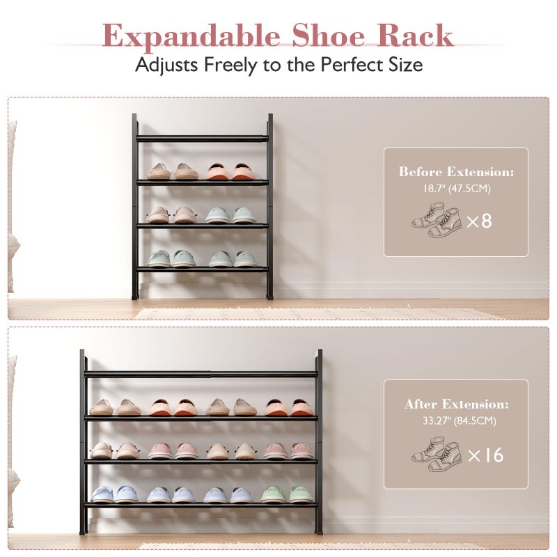Bumusty 4-Tier Expandable Shoe Rack for Closet, 18â€œ-33â€ Adjustable Shoe Rack for Small Space, Small Shoe Organizer for Front Door, Sturdy Metal, Black - Image 3