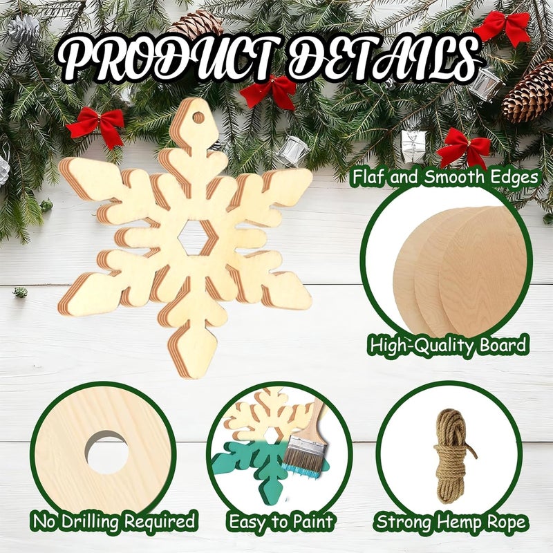Tmflexe 20Pcs Large Snowflake Unfinished Wooden Cutouts to Paint Christmas Ornaments DIY Craft Gift Blank Snowflake Cutouts X'Mas Tree Hanging Wood Slices for Kids Art DIY Decor Winter New Year - Image 3